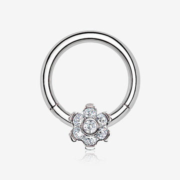 Implant Grade Titanium Brilliant Flower Sparkle Clicker Hoop Ring-Clear Gem